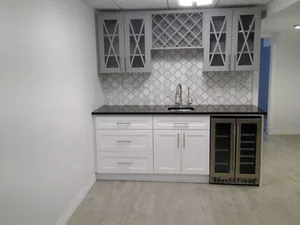 Basement bar with a lattice wine rack